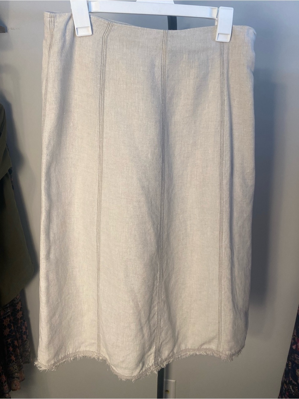 Relativity Beige Linen Midi Skirt Fringe Hem size 12